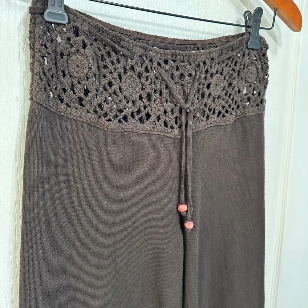 Espresso Brown Crochet Lace Waist Wide Leg Knit Pants Boho Drawstring Medium